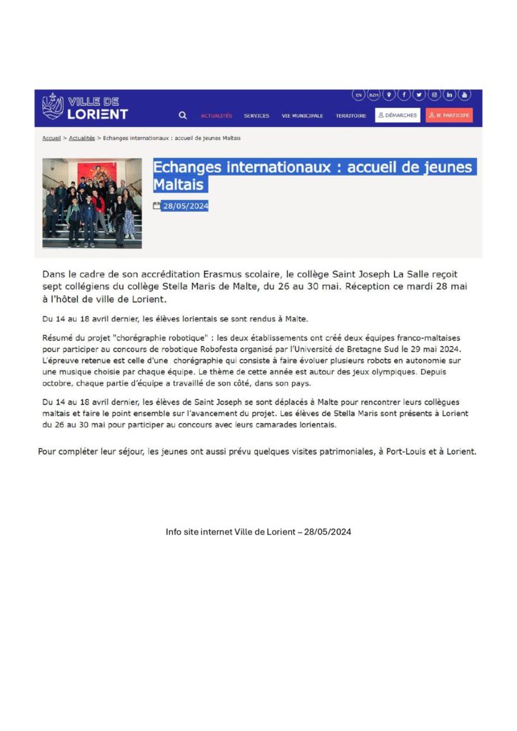 article Echanges internationaux : accueil de jeunes Maltais au collège st jo lorient 2024